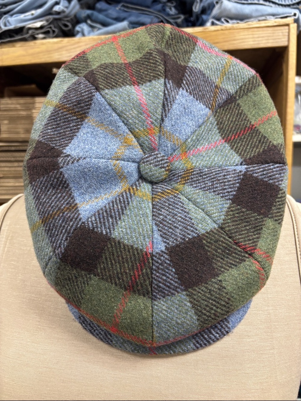 Men's Plaid Wool Newsboy Cap in Green and Blue